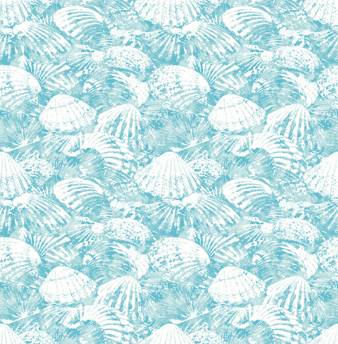 Surfside Aqua Shells Wallpaper by Brewster Designer Fresh Start Kitchen & Bath Covers about 56.4 square feet 20.5-in by 33-ft long roll Unpasted 10.4 - Swanky Fabrics -