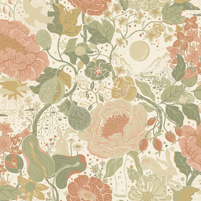 Växa Green Rabbits & Rosehips Wallpaper by A-Street Prints Designer Briony Covers about 57.5 square feet 20.9-in by 33-ft long roll Unpasted 20.9 - Swanky Fabrics -