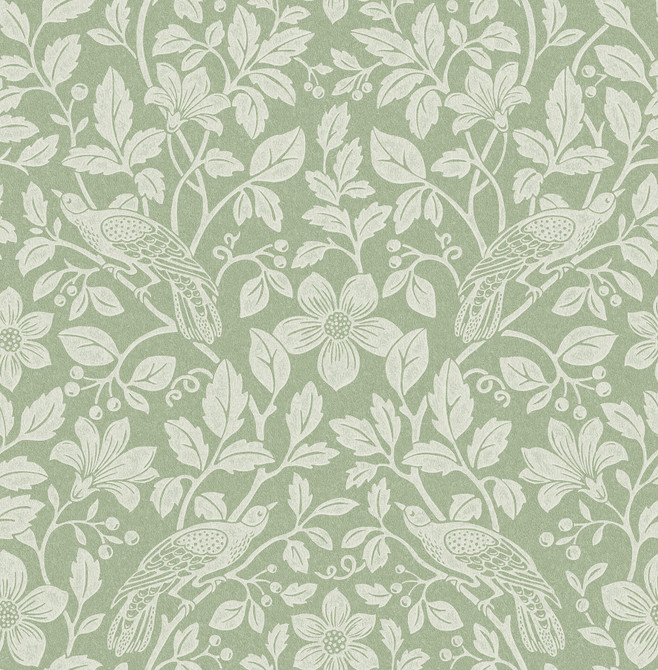 Marlow Green Bird Vine Wallpaper by Advantage Designer Westbury Forest Covers about 56.4 square feet 20.5-in by 33-ft long roll Unpasted 20.9 - Swanky Fabrics -