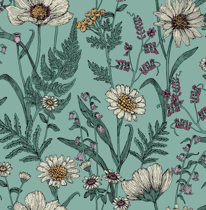 Arden Blue Wild Meadow Wallpaper by Fine Decor Designer Medley Covers about 56.4 square feet 20.5-in by 33-ft long roll Unpasted 20.9 - Swanky Fabrics -