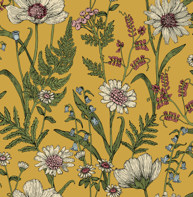 Arden Mustard Wild Meadow Wallpaper by Fine Decor Designer Medley Covers about 56.4 square feet 20.5-in by 33-ft long roll Unpasted 20.9 - Swanky Fabrics -