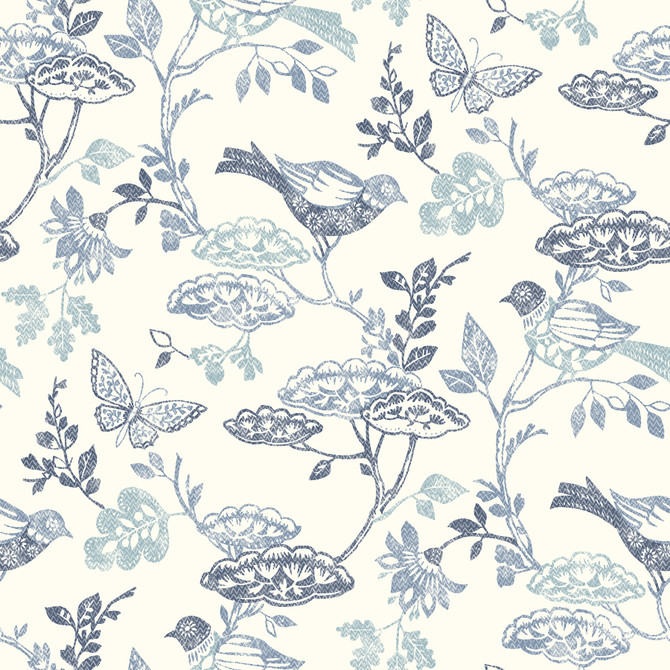 Malmo Blue Trail Wallpaper by Chesapeake Designer Kinfolk Covers about 56.4 square feet 20.5-in by 33-ft long roll Prepasted 20.5 - Swanky Fabrics -