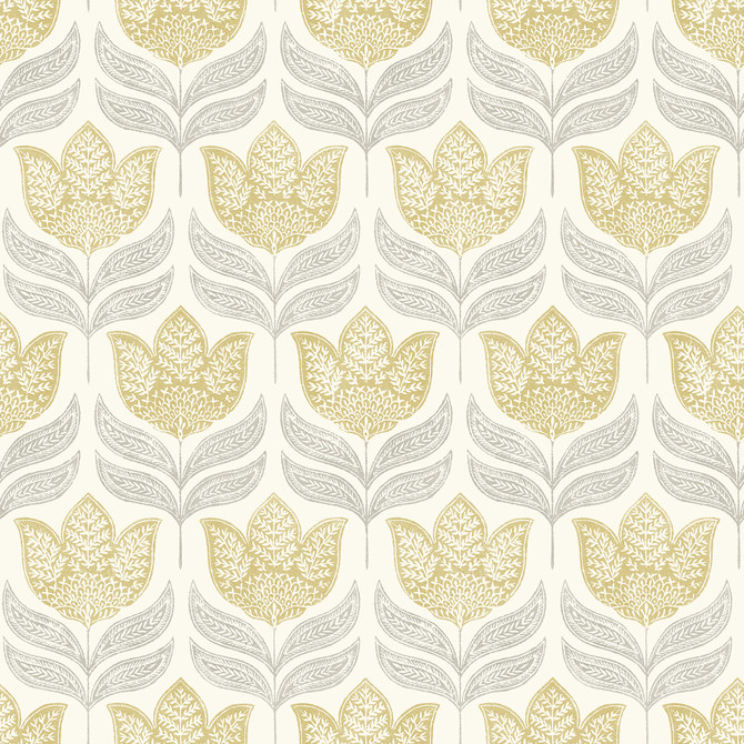 Cathal Mustard Tulip Block Print Wallpaper by Chesapeake Designer Kinfolk Covers about 56.4 square feet 20.5-in by 33-ft long roll Prepasted 10.25 - Swanky Fabrics -
