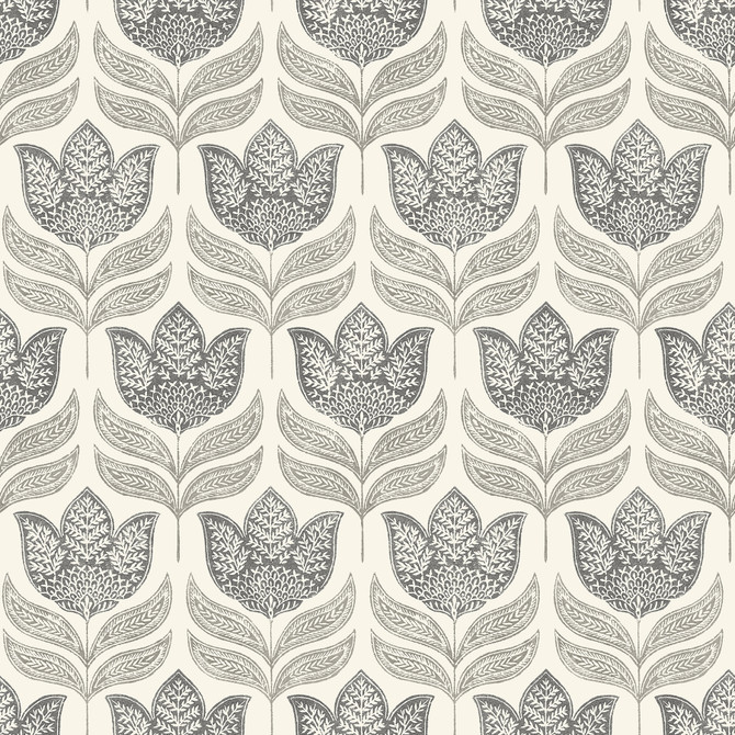 Cathal Charcoal Tulip Block Print Wallpaper by Chesapeake Designer Kinfolk Covers about 56.4 square feet 20.5-in by 33-ft long roll Prepasted 10.25 - Swanky Fabrics -