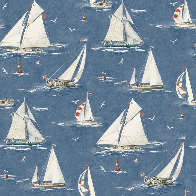 Leeward Navy Sailboat Wallpaper by Chesapeake Designer Blue Heron Covers about 56.4 square feet 20.5-in by 33-ft long roll Prepasted 20.5 - Swanky Fabrics -