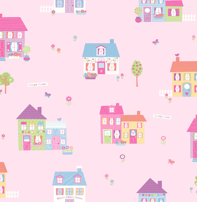 Happy Street Pink Houses Wallpaper by Brewster Designer You Are My Sunshine Covers about 56.4 square feet 20.5-in by 33-ft long roll Unpasted 21 - Swanky Fabrics -