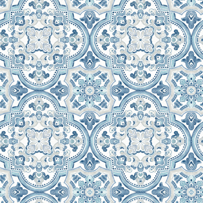 Concord Blue Medallion Wallpaper by Chesapeake Designer Thoreau Covers about 56.4 square feet 20.5-in by 33-ft long roll Prepasted 10.25 - Swanky Fabrics -