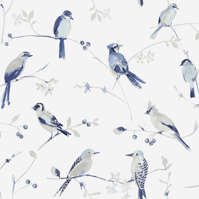 Birdsong Blue Trail Wallpaper by Chesapeake Designer Thoreau Covers about 56.4 square feet 20.5-in by 33-ft long roll Prepasted 20.5 - Swanky Fabrics -
