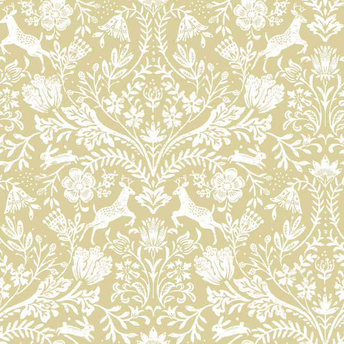 Forest Dance Honey Damask Wallpaper by Chesapeake Designer Thoreau Covers about 56.4 square feet 20.5-in by 33-ft long roll Prepasted 20.5 - Swanky Fabrics -