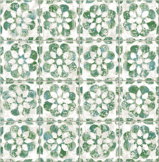 Izeda Green Floral Tile Wallpaper by Advantage Designer Splash Covers about 56.4 square feet 20.5-in by 33-ft long roll Unpasted 20.9 - Swanky Fabrics -