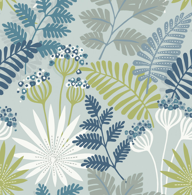 Praslin Sky Blue Botanical Wallpaper by A-Street Prints Designer Seychelles Covers about 56.4 square feet 20.5-in by 33-ft long roll Unpasted 20.9 - Swanky Fabrics -