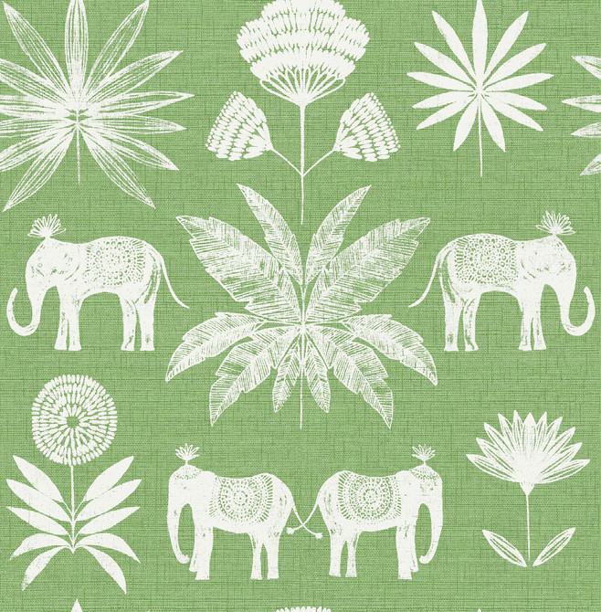 Bazaar Green Elephant Oasis Wallpaper by A-Street Prints Designer Seychelles Covers about 56.4 square feet 20.5-in by 33-ft long roll Unpasted 20.9 - Swanky Fabrics -