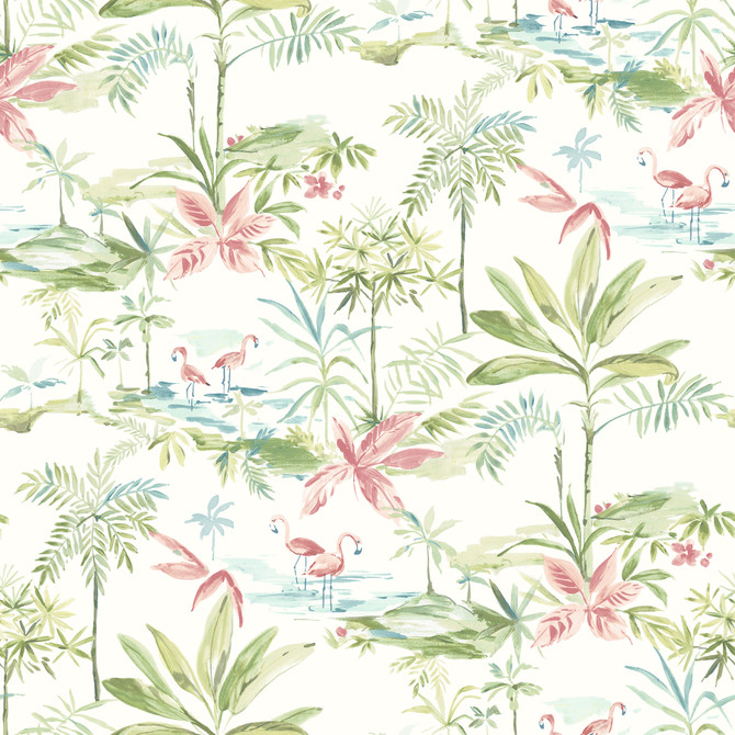 Lagoon Green Scenic Island Wallpaper by Chesapeake Designer Sanibel Covers about 56.4 square feet 20.5-in by 33-ft long roll Prepasted 20.5 - Swanky Fabrics -