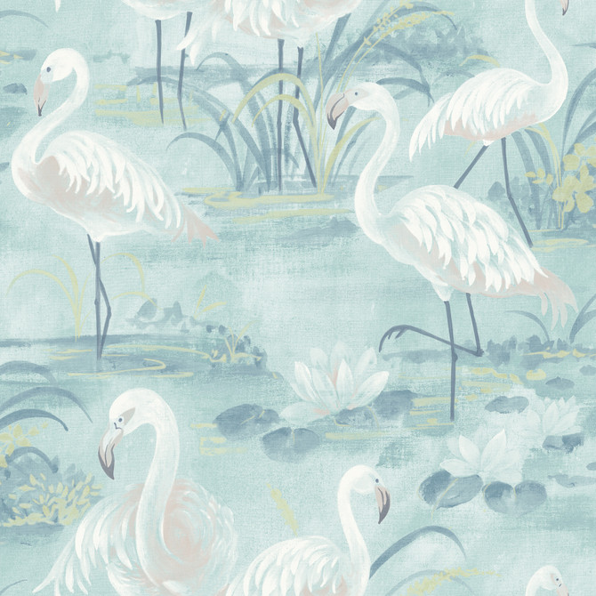 Everglades Aqua Flamingos Wallpaper by Chesapeake Designer Sanibel Covers about 56.4 square feet 20.5-in by 33-ft long roll Prepasted 20.5 - Swanky Fabrics -