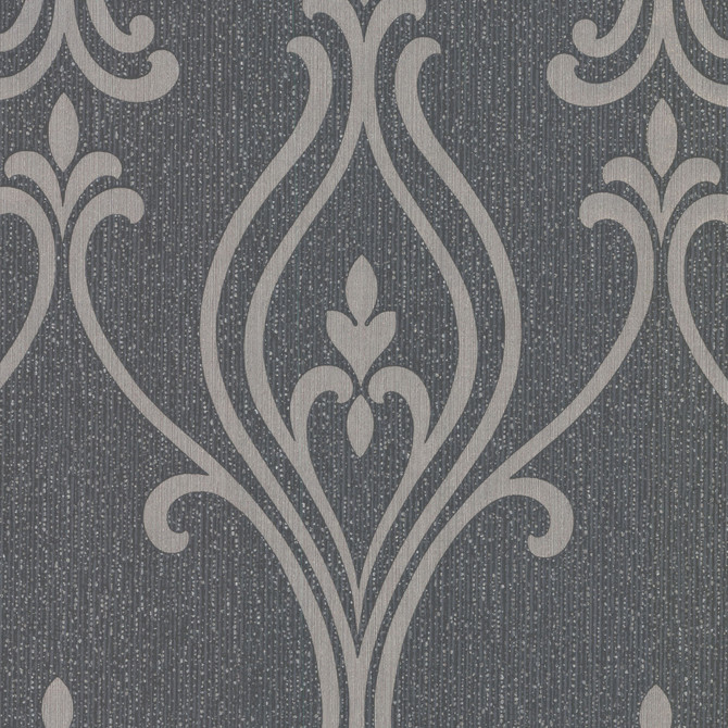 Luca Charcoal Damask Wallpaper by Decorline Designer Prism Covers about 56.4 square feet 20.5-in by 33-ft long roll Unpasted 25.2 - Swanky Fabrics -