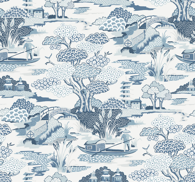 Joy De Vie Blue Toile Wallpaper by A-Street Prints Designer Perennial Covers about 60.8 square feet 27-in by 27-ft long roll Unpasted 25.2 - Swanky Fabrics -
