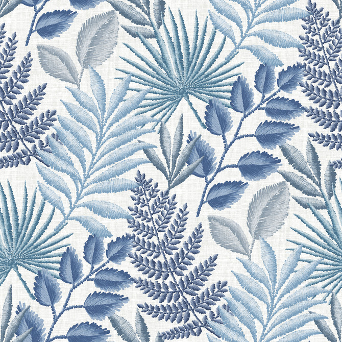 Palomas Blue Botanical Wallpaper by A-Street Prints Designer Perennial Covers about 60.8 square feet 27-in by 27-ft long roll Unpasted 27 - Swanky Fabrics -