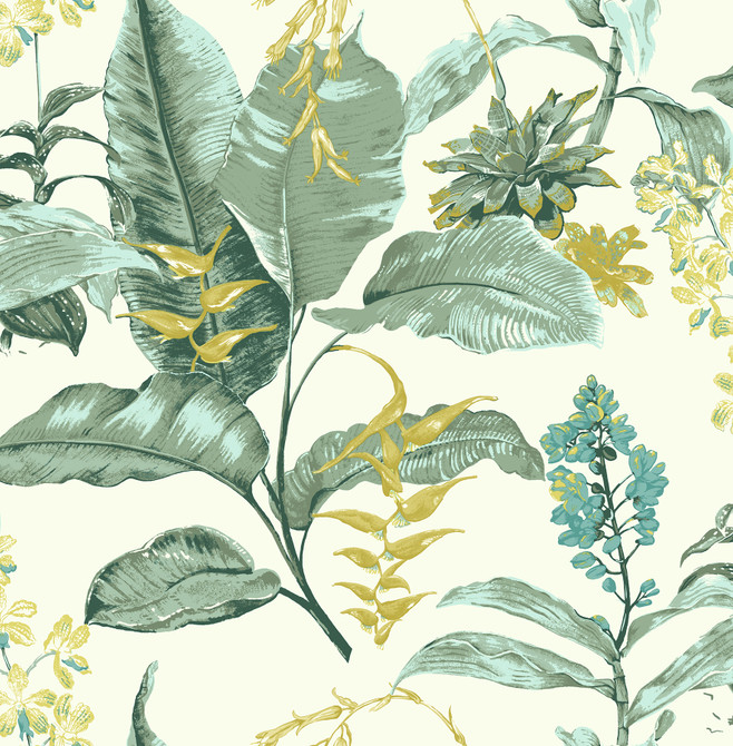 Maui Green Green Botanical Wallpaper by Kenneth James Designer Palm Springs Covers about 56.4 square feet 20.5-in by 33-ft long roll Unpasted 21 - Swanky Fabrics -