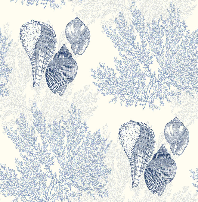 Nauset Blue Seashell Shores Wallpaper by A-Street Prints Designer Newport Covers about 56.4 square feet 20.5-in by 33-ft long roll Unpasted 20.9 - Swanky Fabrics -