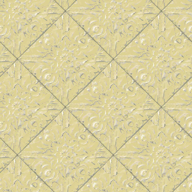 Brandi Yellow Metallic Faux Tile Wallpaper by Chesapeake Designer Kindred Covers about 56.4 square feet 20.5-in by 33-ft long roll Prepasted 20.5 - Swanky Fabrics -