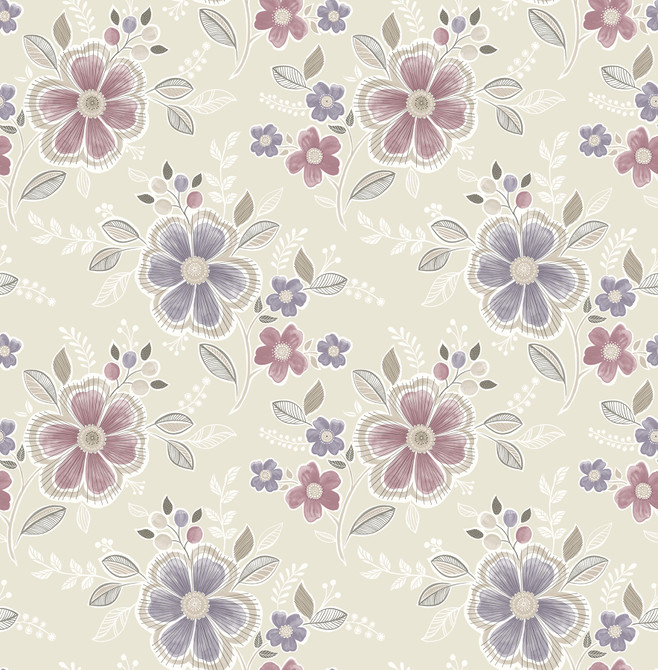 Chloe Purple Floral Wallpaper by Brewster Designer For Your Bath III Covers about 56.4 square feet 20.5-in by 33-ft long roll Unpasted 10.43 - Swanky Fabrics -
