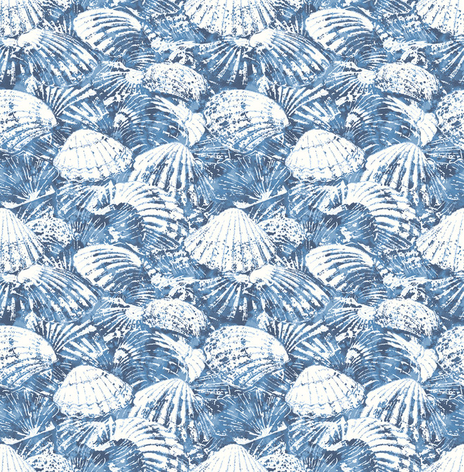 Surfside Blue Shells Wallpaper by Brewster Designer Fresh Start Kitchen & Bath Covers about 56.4 square feet 20.5-in by 33-ft long roll Unpasted 10.4 - Swanky Fabrics -