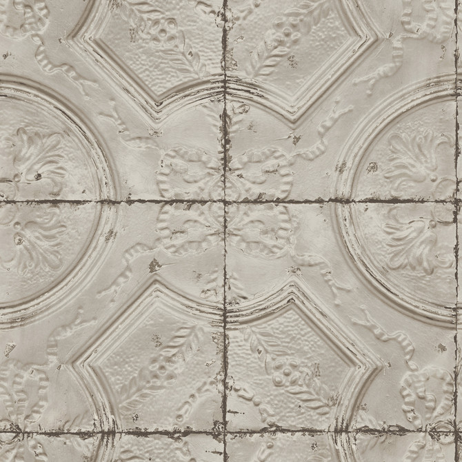 Susanna Taupe Vintage Tin Tile Wallpaper by Chesapeake Designer Farmhouse Covers about 56.4 square feet 20.5-in by 33-ft long roll Prepasted 20.9 - Swanky Fabrics -