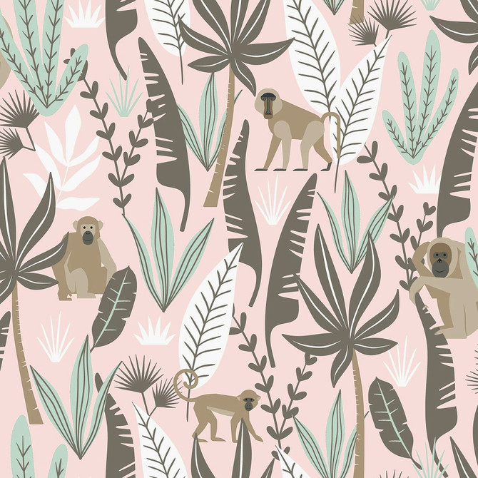 Kiki Pink Monkeys Wallpaper by Chesapeake Designer Fable Covers about 57.5 square feet 20.9-in by 33-ft long roll Unpasted 10.4 - Swanky Fabrics -