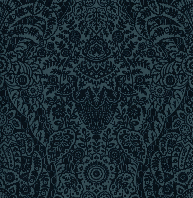 Maris Indigo Flock Damask Wallpaper by A-Street Prints Designer Daylight Covers about 56.4 square feet 20.5-in by 33-ft long roll Unpasted 21 - Swanky Fabrics -