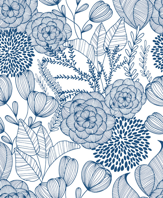 Alannah Navy Botanical Wallpaper by A-Street Prints Designer BlueBell Covers about 56.4 square feet 20.5-in by 33-ft long roll Unpasted 25.2 - Swanky Fabrics -