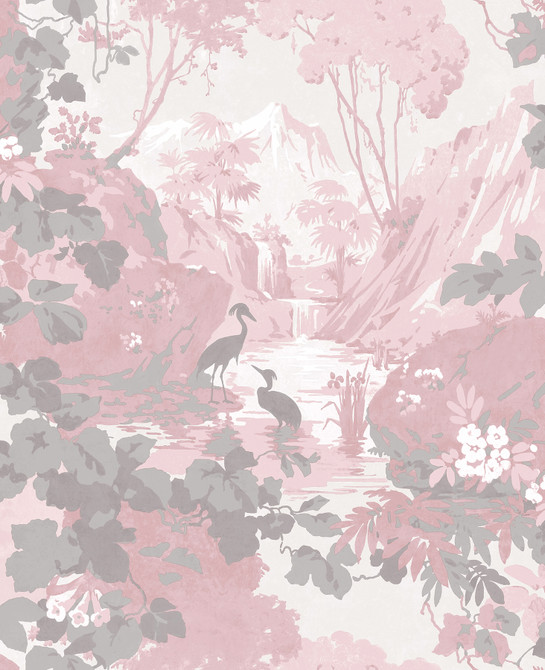 Eden Pink Crane Lagoon Wallpaper by Brewster Designer Archive Collection Covers about 56.4 square feet 20.5-in by 33-ft long roll Unpasted 25.2 - Swanky Fabrics -