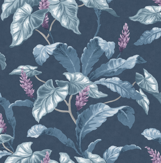 Meridian Parade Blue Tropical Leaves Wallpaper by Brewster Designer Archive Collection Covers about 56.4 square feet 20.5-in by 33-ft long roll Unpasted 21 - Swanky Fabrics -