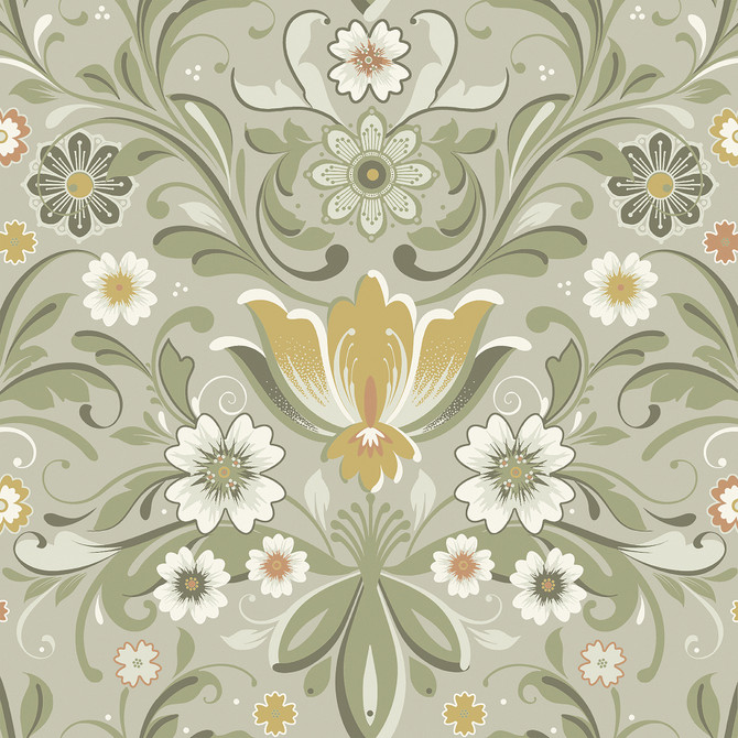 Ostanskar Green Retro Floral Wallpaper by A-Street Prints Designer Annelie Covers about 57.5 square feet 20.9-in by 33-ft long roll Unpasted 20.9 - Swanky Fabrics -