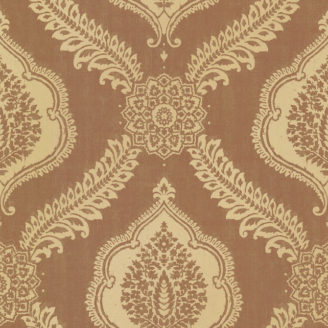 Zoraya Copper Damask Wallpaper by Kenneth James Designer Alhambra Covers about 56.4 square feet 20.5-in by 33-ft long roll Unpasted 21.9 - Swanky Fabrics -