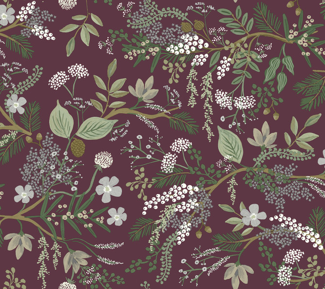 Juniper Forest Burgundy Wallpaper by Rifle Paper Co. Designer Rifle Paper Co. Covers about 60.8 square feet 27-in by 27-ft long roll Unpasted 24 - Swanky Fabrics -