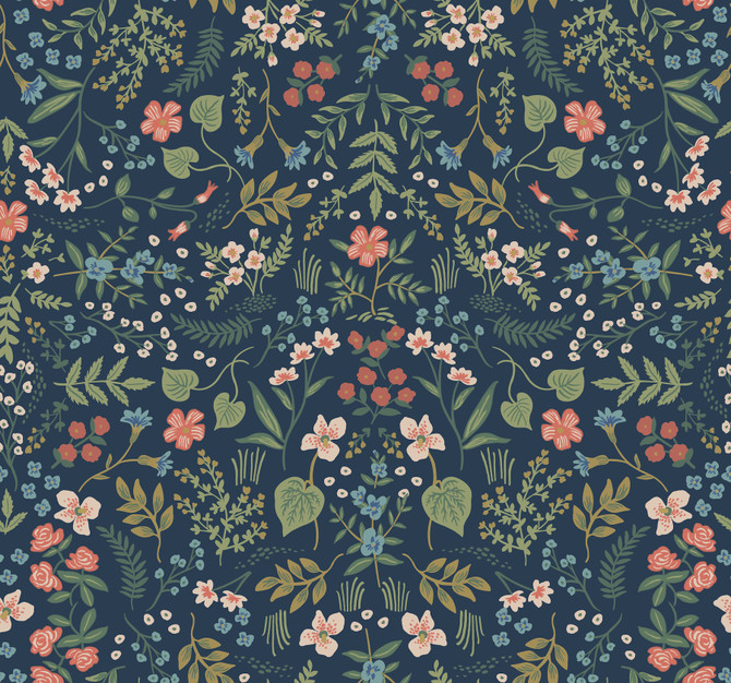 Wildwood Navy Wallpaper by Rifle Paper Co. Designer Rifle Paper Co. Covers about 60.8 square feet 27-in by 27-ft long roll Unpasted 25.25 - Swanky Fabrics -