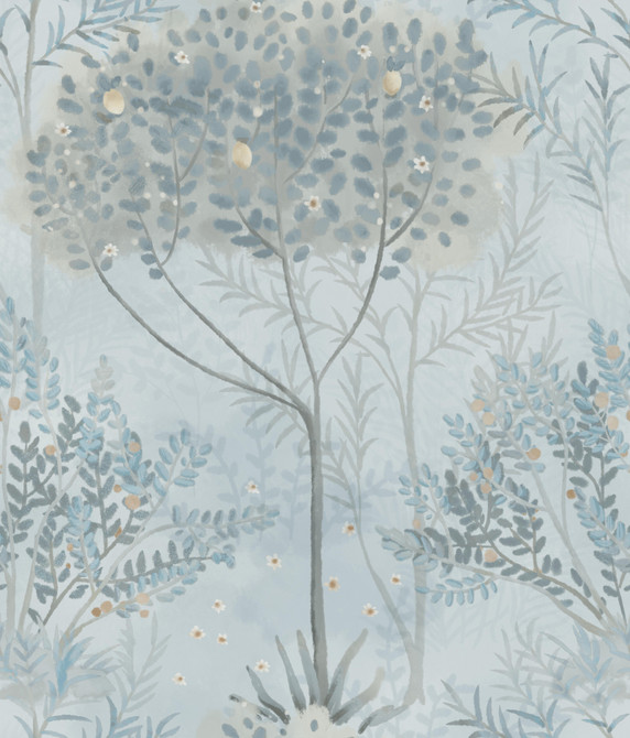 Orchard Blue & Grey Wallpaper by Inspired by Color Designer Blues II Covers about 56.4 square feet 20.5-in by 33-ft long roll Prepasted 24 - Swanky Fabrics -