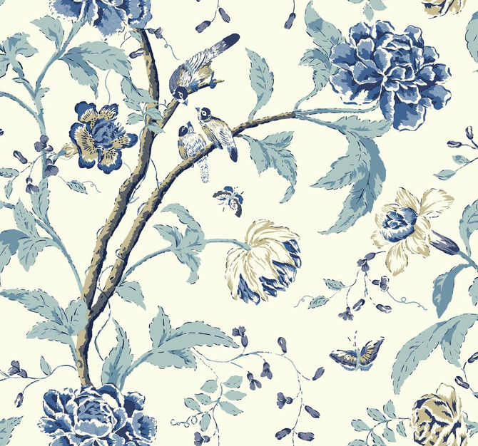 Teahouse Floral Green Wallpaper by Inspired by Color Designer Blues II Covers about 60.8 square feet 27-in by 27-ft long roll Prepasted 25.25 - Swanky Fabrics -