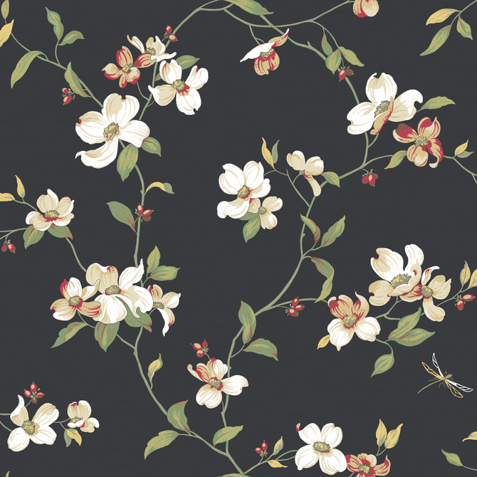 Dogwood Black Wallpaper by Inspired by Color Designer Black & White, III Covers about 56.4 square feet 20.5-in by 33-ft long roll Prepasted 0 - Swanky Fabrics -