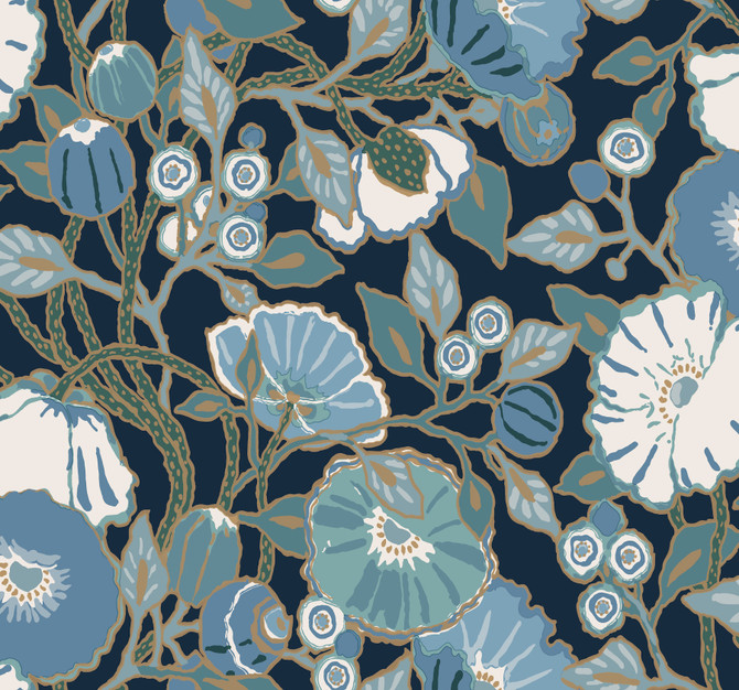 Poppies Black & Blue Metallic Wallpaper by York Wallcoverings Designer Greenhouse Covers about 60.8 square feet 27-in by 27-ft long roll Prepasted 25.25 - Swanky Fabrics -