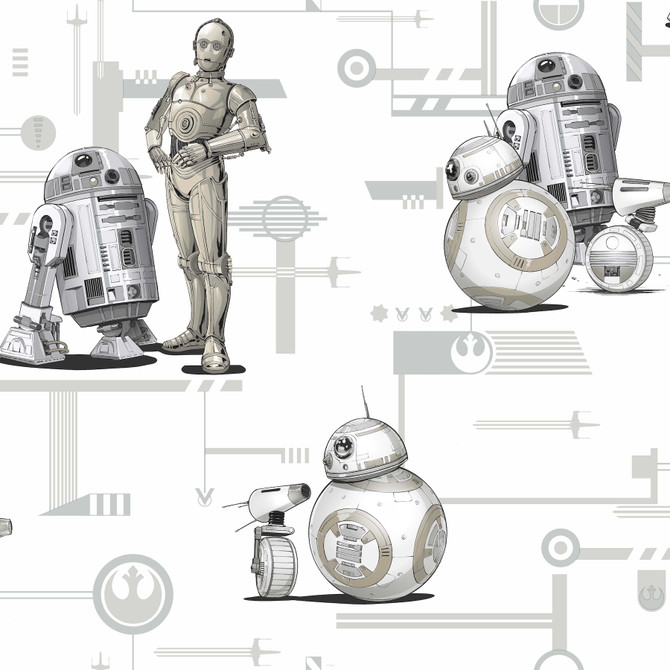 Star Wars: The Rise of Skywalker, Droids! Black & White Wallpaper by York Wallcoverings Designer Disney Kids Vol. 4 Covers about 56.4 square feet 20.5-in by 33-ft long roll Unpasted 20.5 - Swanky Fabrics -