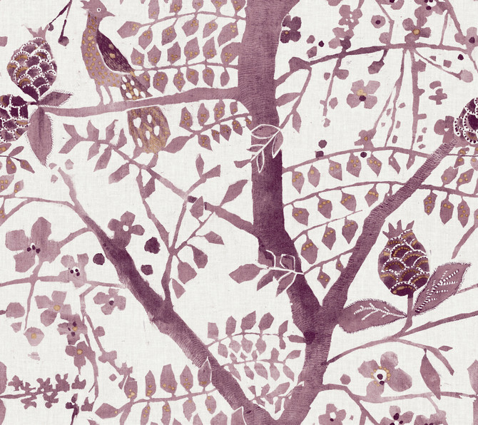 Peacock Block Print Purple Wallpaper by Antonina Vella Designer Antonina Vella Boho Luxe Covers about 60.8 square feet 27-in by 27-ft long roll Unpasted 24 - Swanky Fabrics -