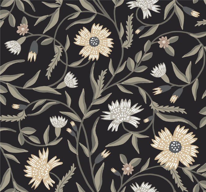 Aster Black Wallpaper by Rifle Paper Co. Designer Rifle Paper Co. 3rd Edition Covers about 60.8 square feet 27-in by 27-ft long roll Unpasted 25.25 - Swanky Fabrics -