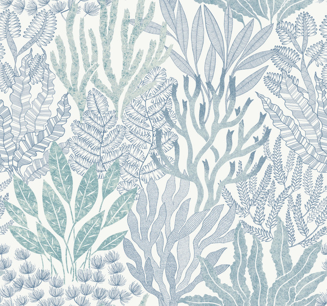 Coral Leaves Blue & Aqua Wallpaper by York Wallcoverings Designer Toile Resource Library Covers about 60.8 square feet 27-in by 27-ft long roll Unpasted 25.25 - Swanky Fabrics - Coral Leaves Blue & Aqua Wallpaper by York Wallcoverings Designer Toile Resource Library Covers about 60.8 square feet 27-in by 27-ft long roll Unpasted 25.25 - Swanky Fabrics -