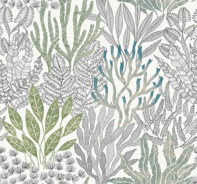 Coral Leaves Blue & Green Wallpaper by York Wallcoverings Designer Toile Resource Library Covers about 60.8 square feet 27-in by 27-ft long roll Unpasted 25.25 - Swanky Fabrics - Coral Leaves Blue & Green Wallpaper by York Wallcoverings Designer Toile Resource Library Covers about 60.8 square feet 27-in by 27-ft long roll Unpasted 25.25 - Swanky Fabrics -