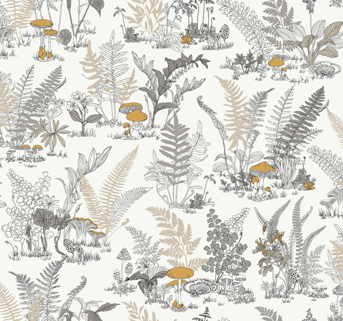 Mushroom Garden Toile Neutral & Gold Wallpaper by York Wallcoverings Designer Toile Resource Library Covers about 60.8 square feet 27-in by 27-ft long roll Unpasted 25.25 - Swanky Fabrics - Mushroom Garden Toile Neutral & Gold Wallpaper by York Wallcoverings Designer Toile Resource Library Covers about 60.8 square feet 27-in by 27-ft long roll Unpasted 25.25 - Swanky Fabrics -