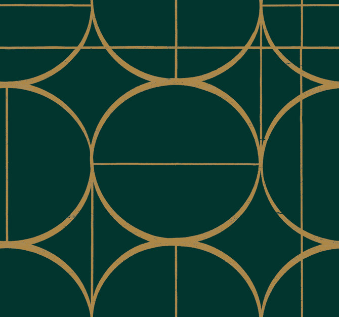Sun Circles Emerald & Gold Wallpaper by Antonina Vella Designer Antonina Vella Modern Metals Second Edition Covers about 60.5 square feet 27-in by 26.9-ft long roll Unpasted 25.2 - Swanky Fabrics -