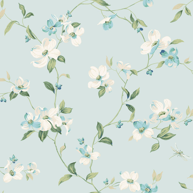 Dogwood Light Blue Wallpaper by York Wallcoverings Designer Blooms Covers about 56.4 square feet 20.5-in by 33-ft long roll Unpasted 10.25 - Swanky Fabrics -