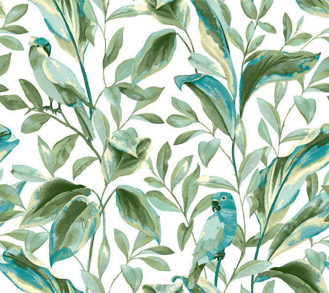 Tropical Love Birds White & Aqua Wallpaper by Inspired by Color Designer Blues II Covers about 60.8 square feet 27-in by 27-ft long roll Prepasted 24 - Swanky Fabrics -