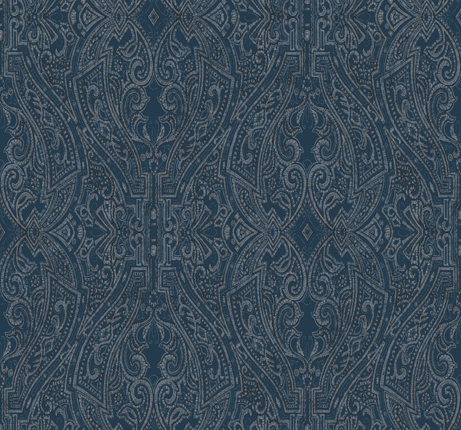 Ascot Damask Dark Blue Wallpaper by Ronald Redding Designer Traveler Covers about 60.8 square feet 27-in by 27-ft long roll Unpasted 25.25 - Swanky Fabrics -